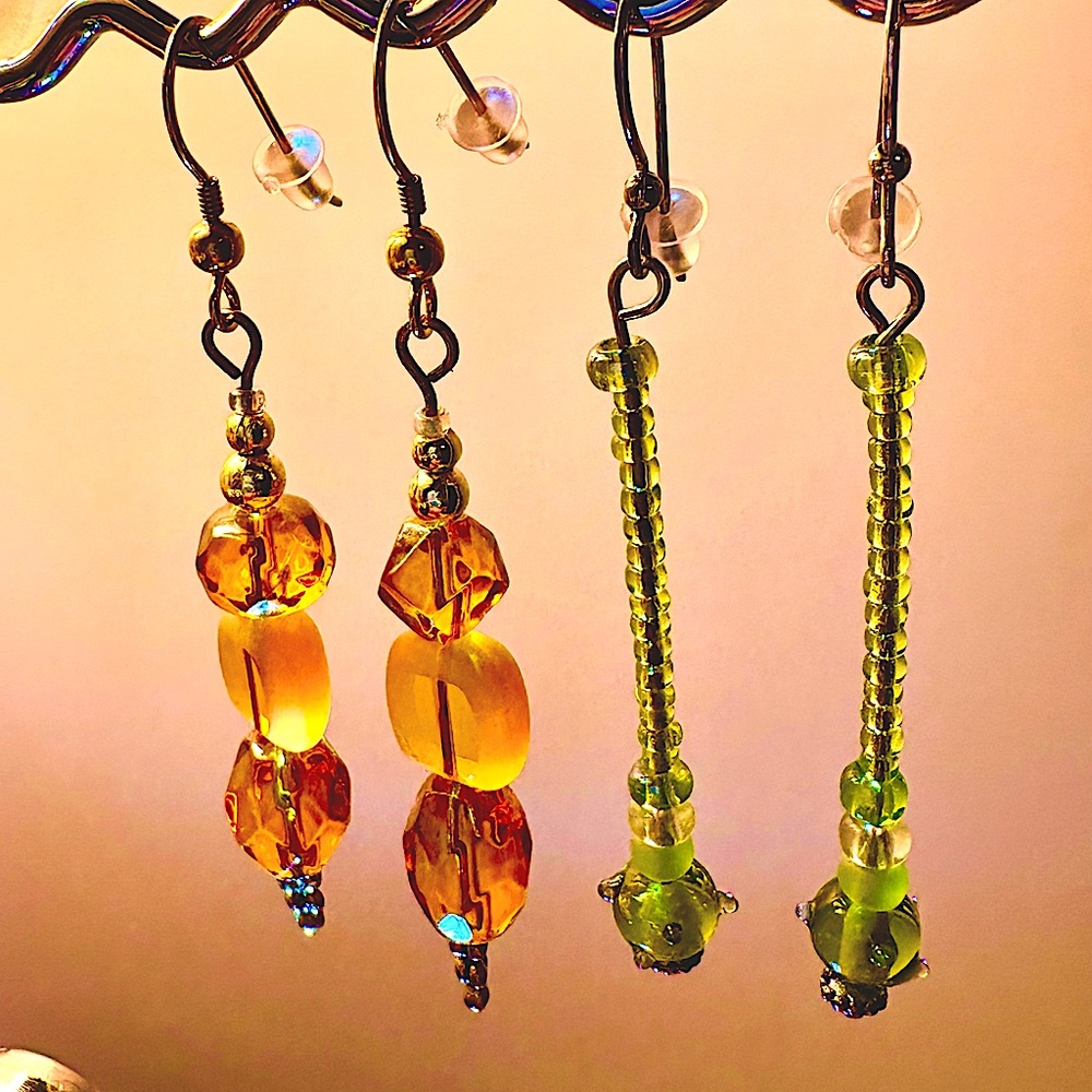 Earrings Pierced Handcrafted Unique Yellow Faceted Glass Beads & Green Glass